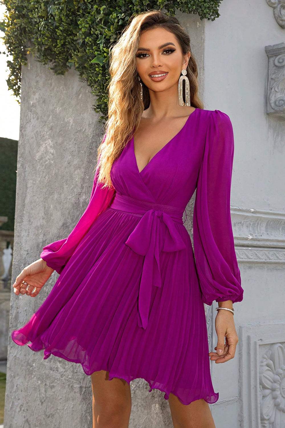 Tied Surplice Neck Pleated Dress Casual Dresses - Tophatter Daily Deals