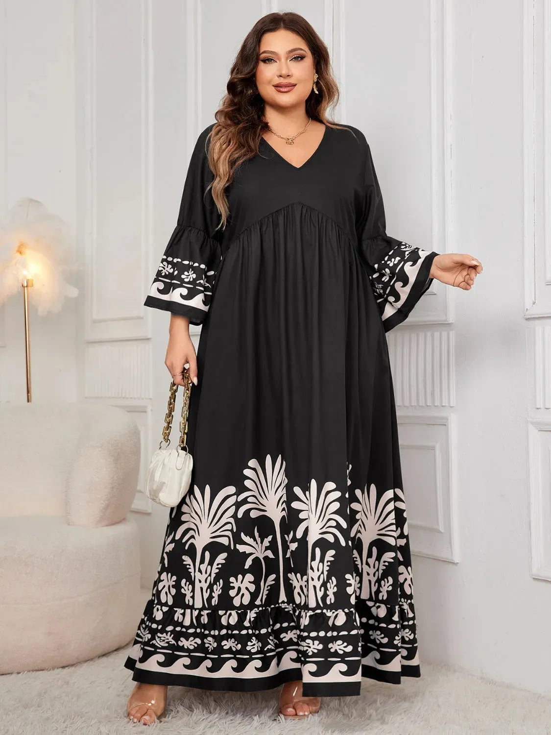 Plus Size Printed V-Neck Long Sleeve Maxi Dress Casual Dresses - Tophatter Daily Deals