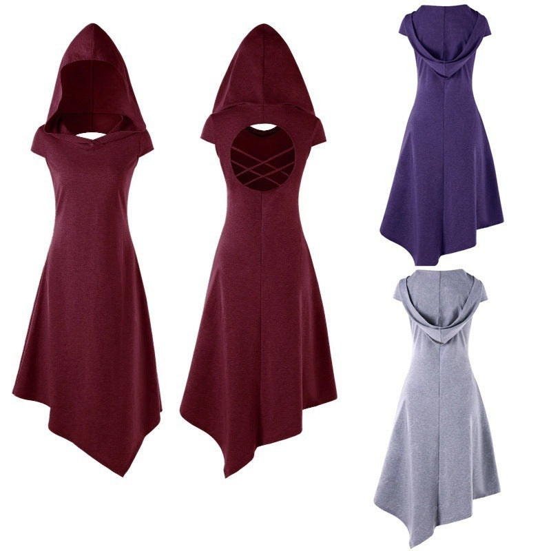Back Hollow-out Underleg Asymmetric Hooded Midi Dress 0 - Tophatter Daily Deals