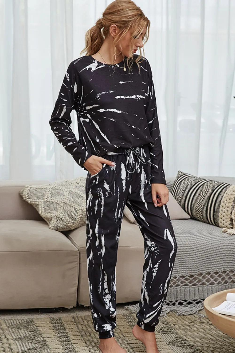 Tie-Dye Round Neck Top and Drawstring Waist Joggers Lounge Set Loungewear Sets - Tophatter Daily Deals