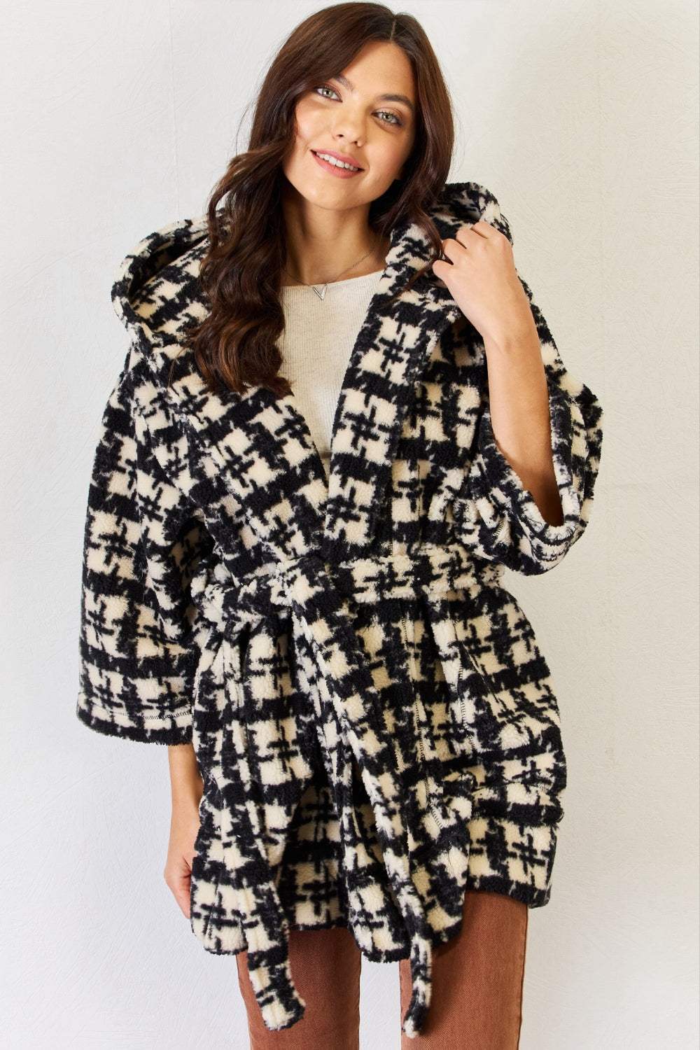 J.NNA Fuzzy Plaid Waist Tie Hooded Robe Cardigan Sleep Dresses - Tophatter Daily Deals