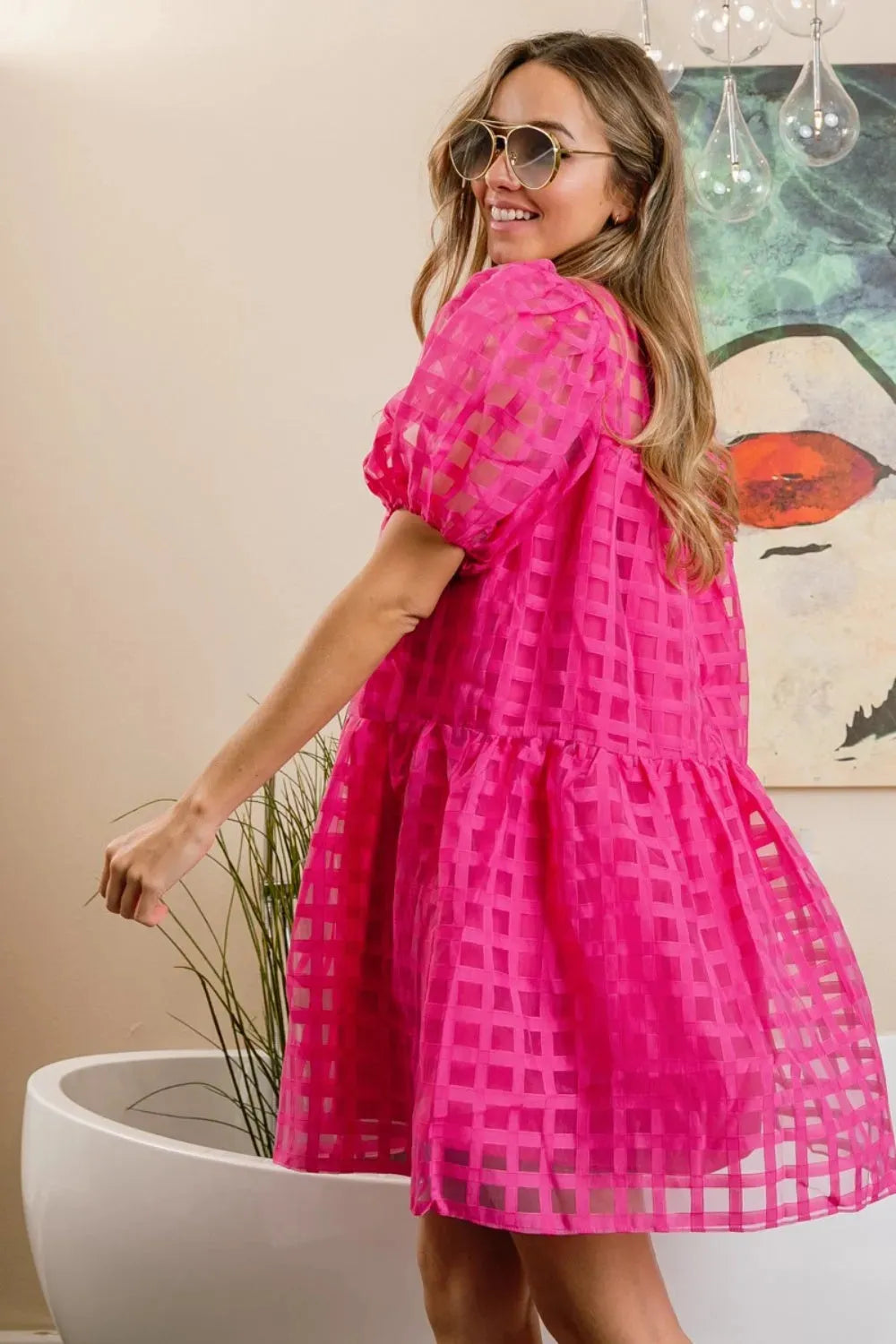 BiBi Gridded Organza Short Sleeve Dress Casual Dresses - Tophatter Daily Deals