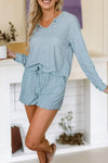 Leopard Notched Top and Drawstring Shorts Lounge Set Pastel Blue Loungewear Sets - Tophatter Daily Deals