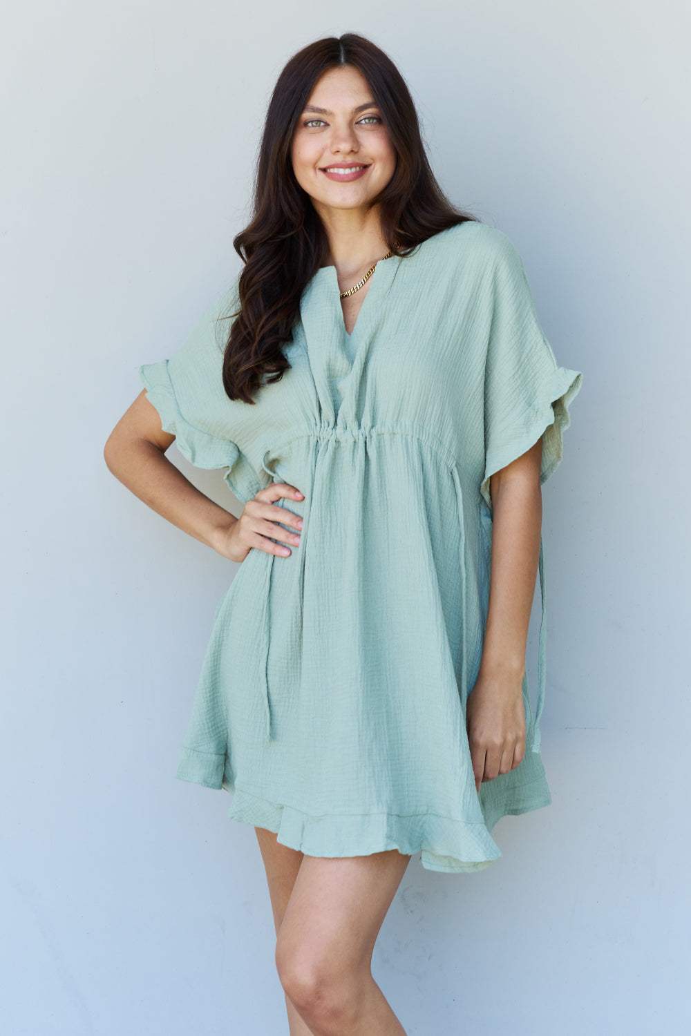 Ninexis Out Of Time Full Size Ruffle Hem Dress with Drawstring Waistband in Light Sage Casual Dresses - Tophatter Daily Deals