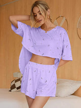 Moon Print T-Shirt and Shorts Lounge Set Loungewear Sets - Tophatter Daily Deals