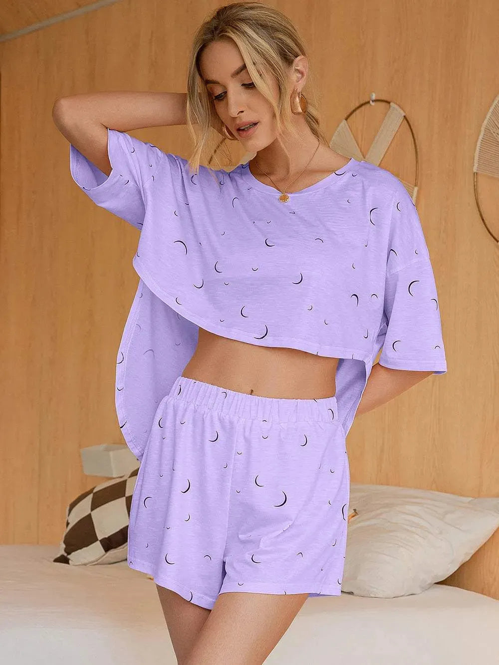 Moon Print T-Shirt and Shorts Lounge Set Loungewear Sets - Tophatter Daily Deals