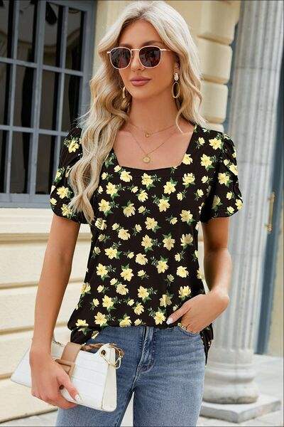 Square Neck Short Sleeve T-Shirt Yellow Green Women's T-Shirts - Tophatter Daily Deals