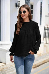Smocked Mock Neck Swiss Dot Top Black Blouses - Tophatter Daily Deals