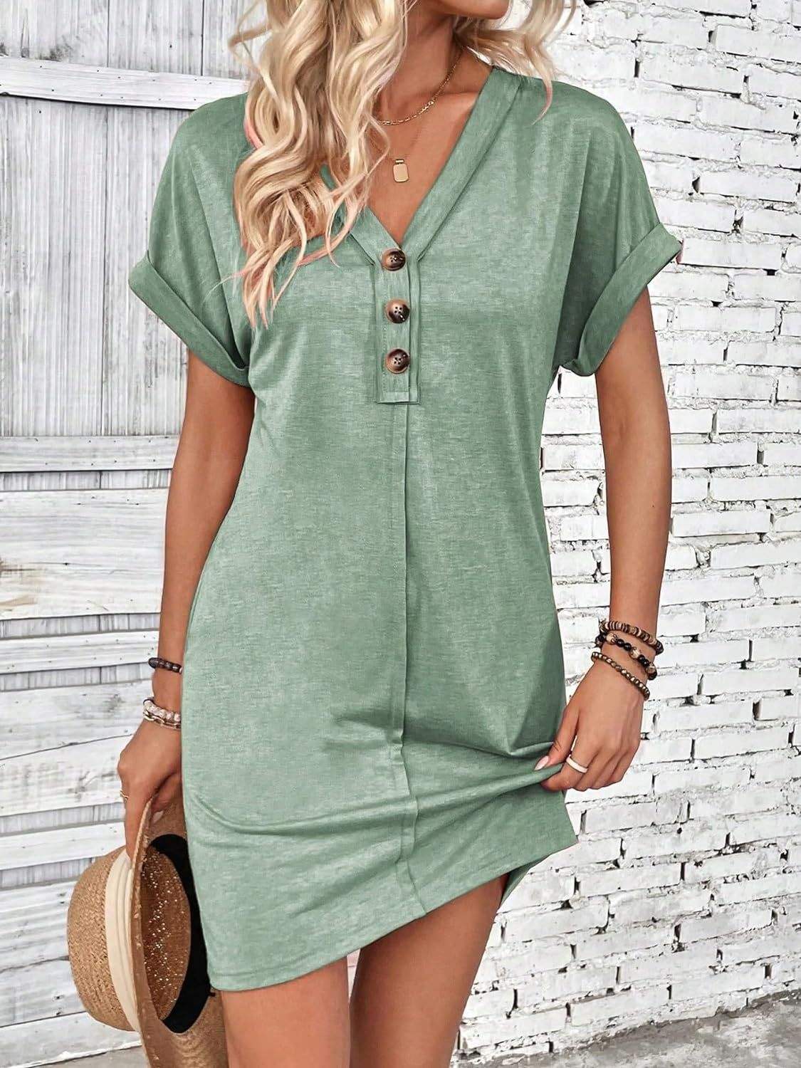 Quarter Button V-Neck Short Sleeve Dress Gum Leaf Casual Dresses - Tophatter Daily Deals