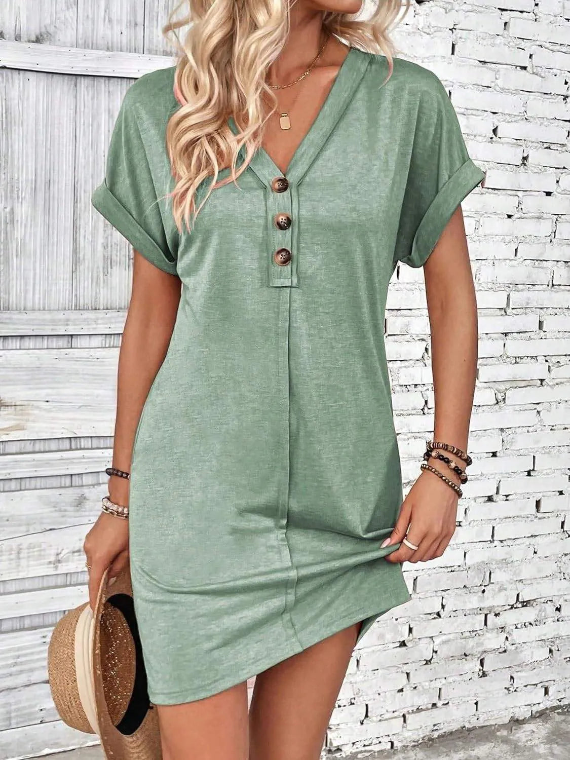 Quarter Button V-Neck Short Sleeve Dress Gum Leaf Casual Dresses - Tophatter Daily Deals