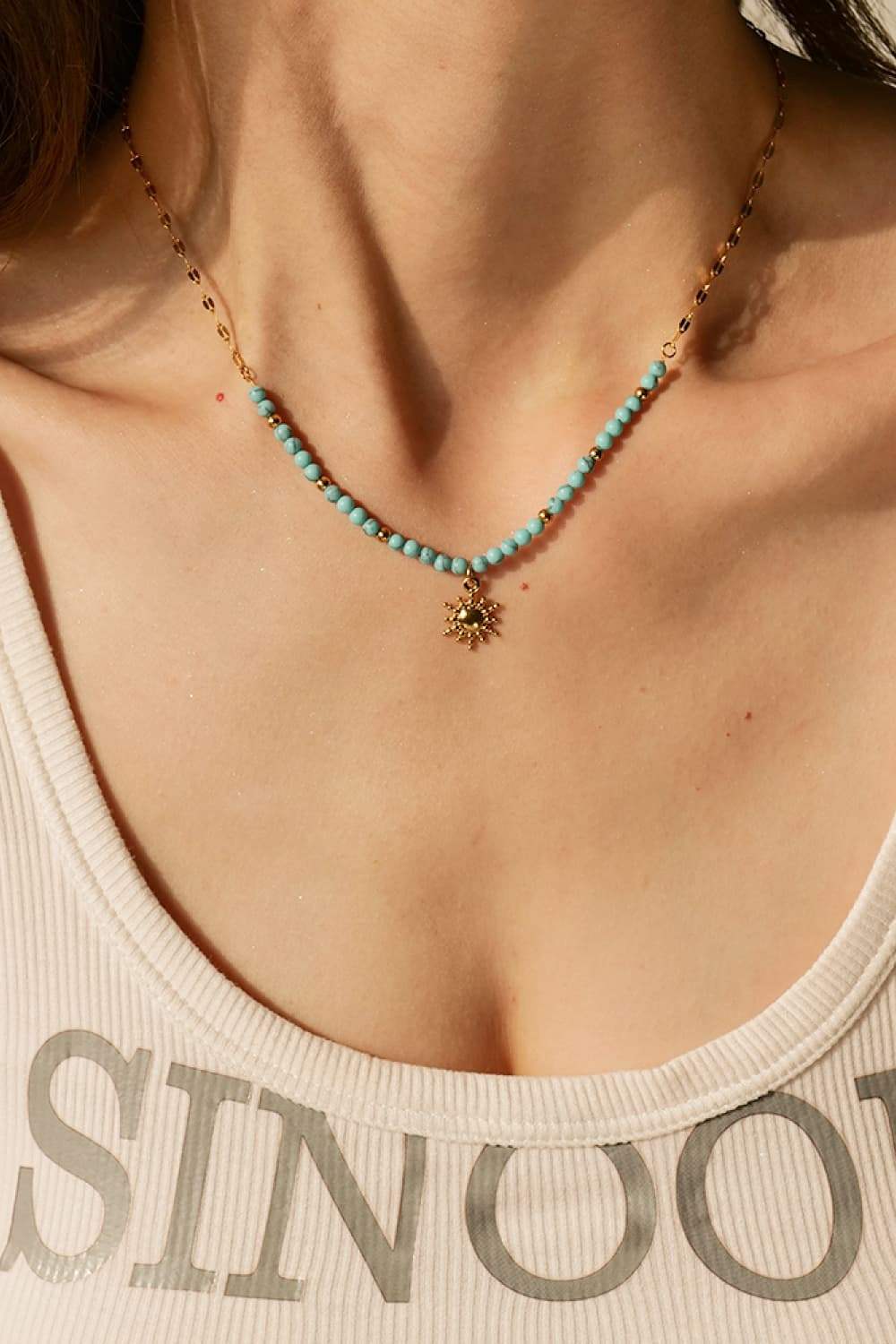 Turquoise Beaded 18K Gold-Plated Sun Shape Pendant Necklace Necklaces - Tophatter Daily Deals