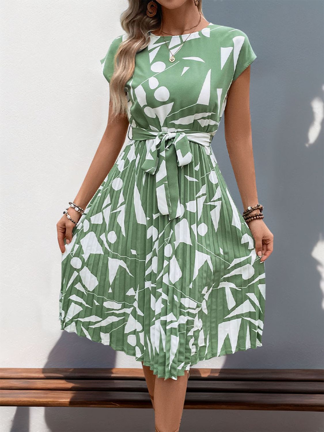 Tied Pleated Printed Cap Sleeve Dress - Tophatter Deals