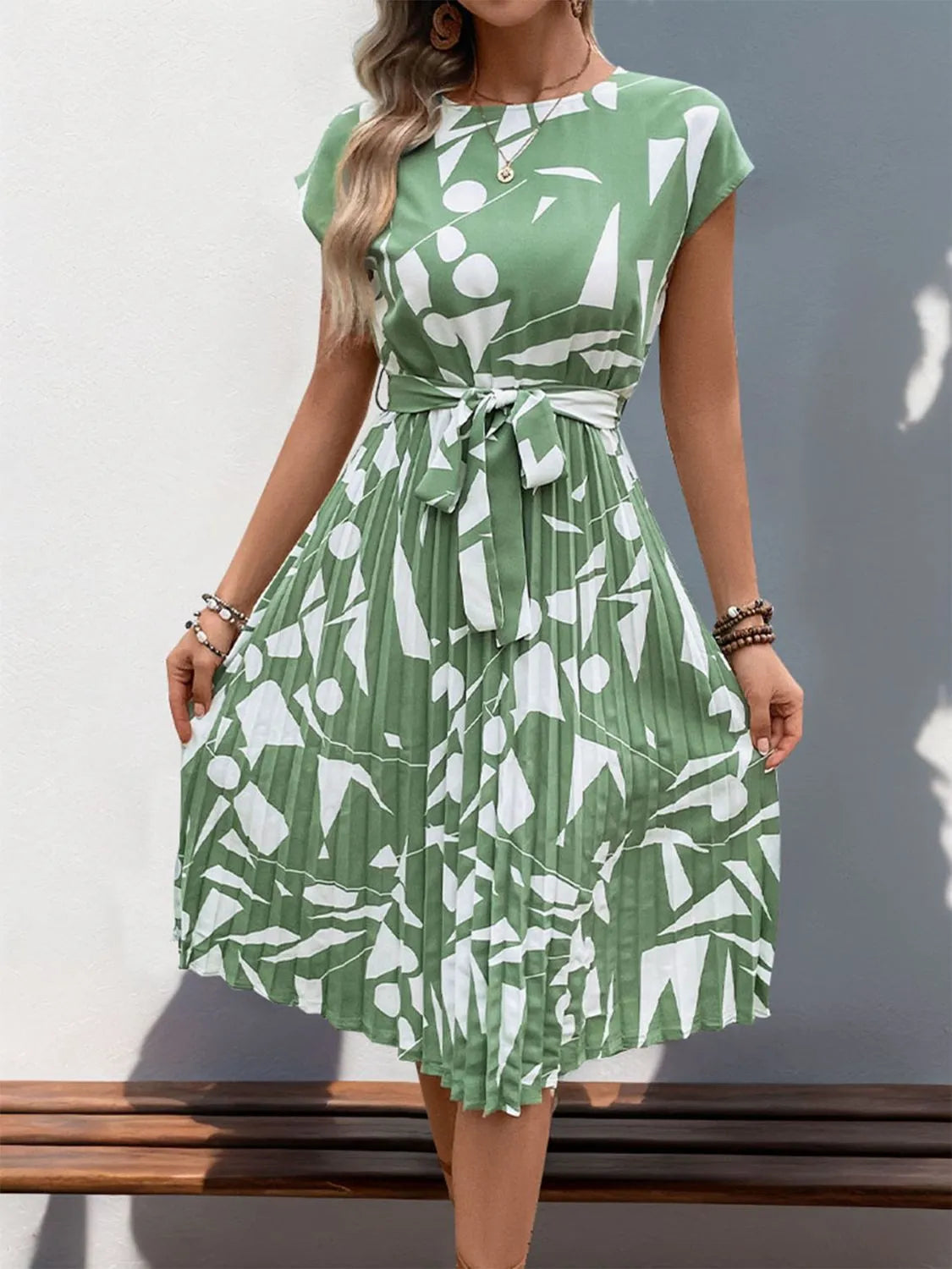 Tied Pleated Printed Cap Sleeve Dress Light Green Casual Dresses - Tophatter Daily Deals