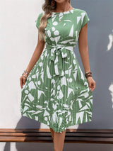 Tied Pleated Printed Cap Sleeve Dress Casual Dresses - Tophatter Daily Deals