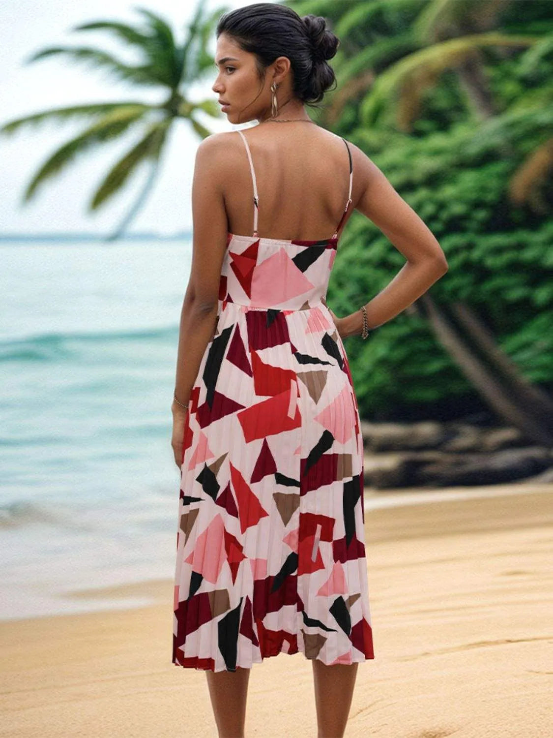 Pleated Geometric Spaghetti Strap Dress Casual Dresses - Tophatter Daily Deals