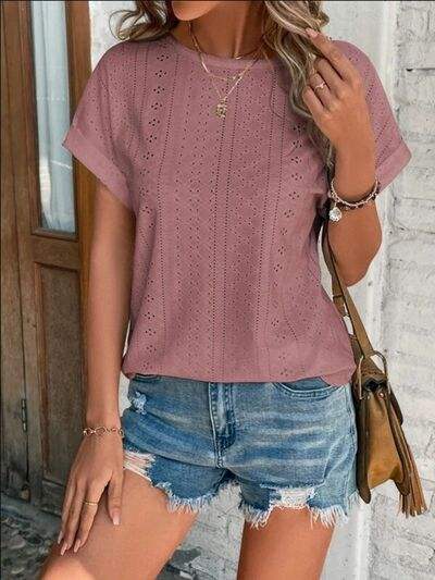 Eyelet Round Neck Short Sleeve T-Shirt Light Mauve Women's T-Shirts - Tophatter Daily Deals