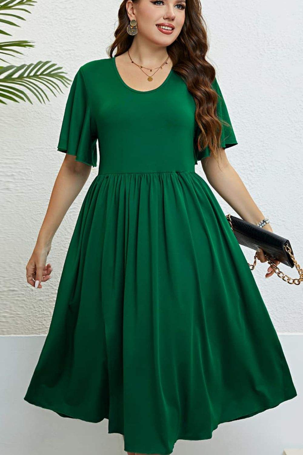 Flutter Sleeve Round Neck Dress Forest Casual Dresses - Tophatter Daily Deals