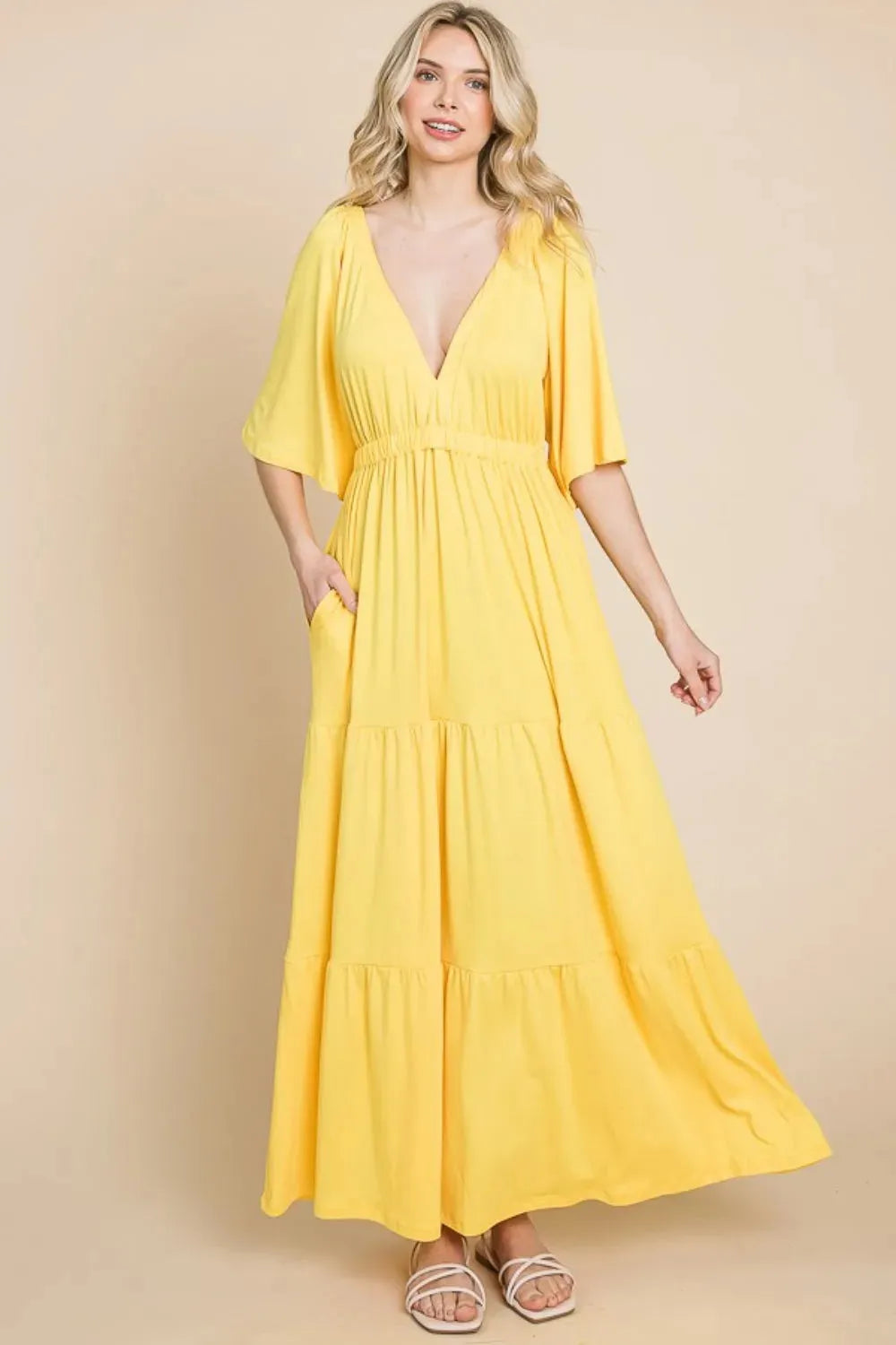 Culture Code Backless Plunge Half Sleeve Tiered Dress LEMONADE Casual Dresses - Tophatter Daily Deals
