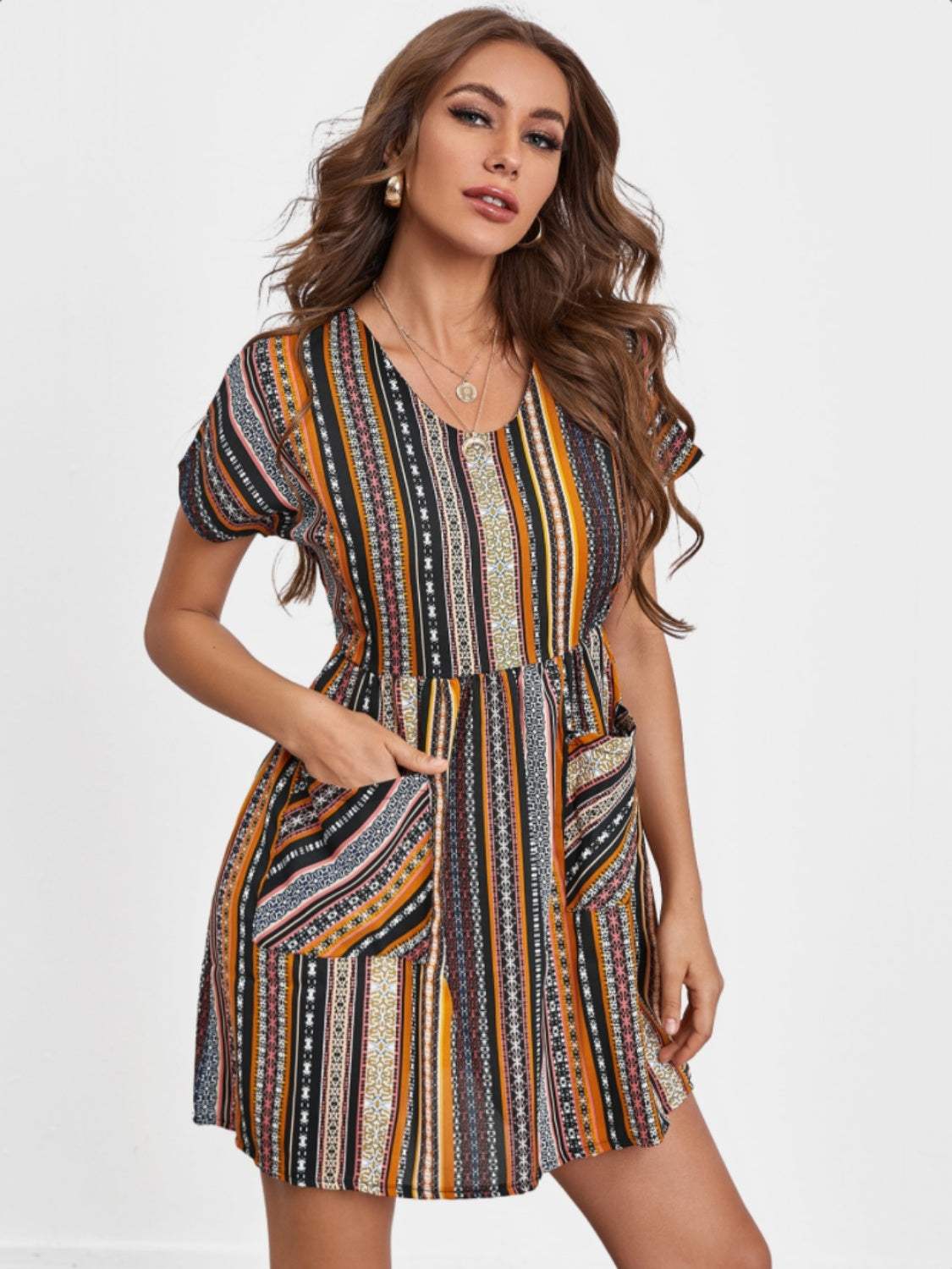 Pocketed Striped Short Sleeve Dress Casual Dresses - Tophatter Daily Deals