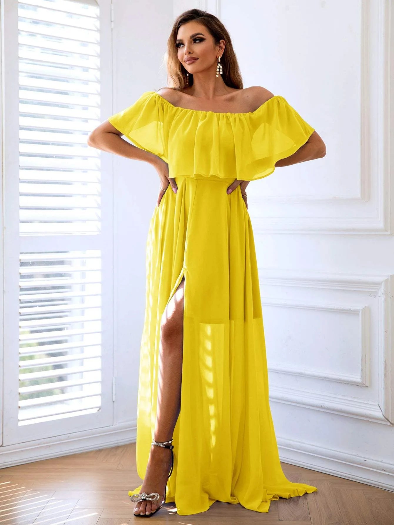 Off-Shoulder Layered Split Maxi Dress Yellow Cocktail Dresses - Tophatter Daily Deals