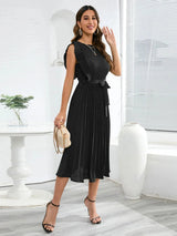 Tied Round Neck Pleated Midi Dress Casual Dresses - Tophatter Daily Deals