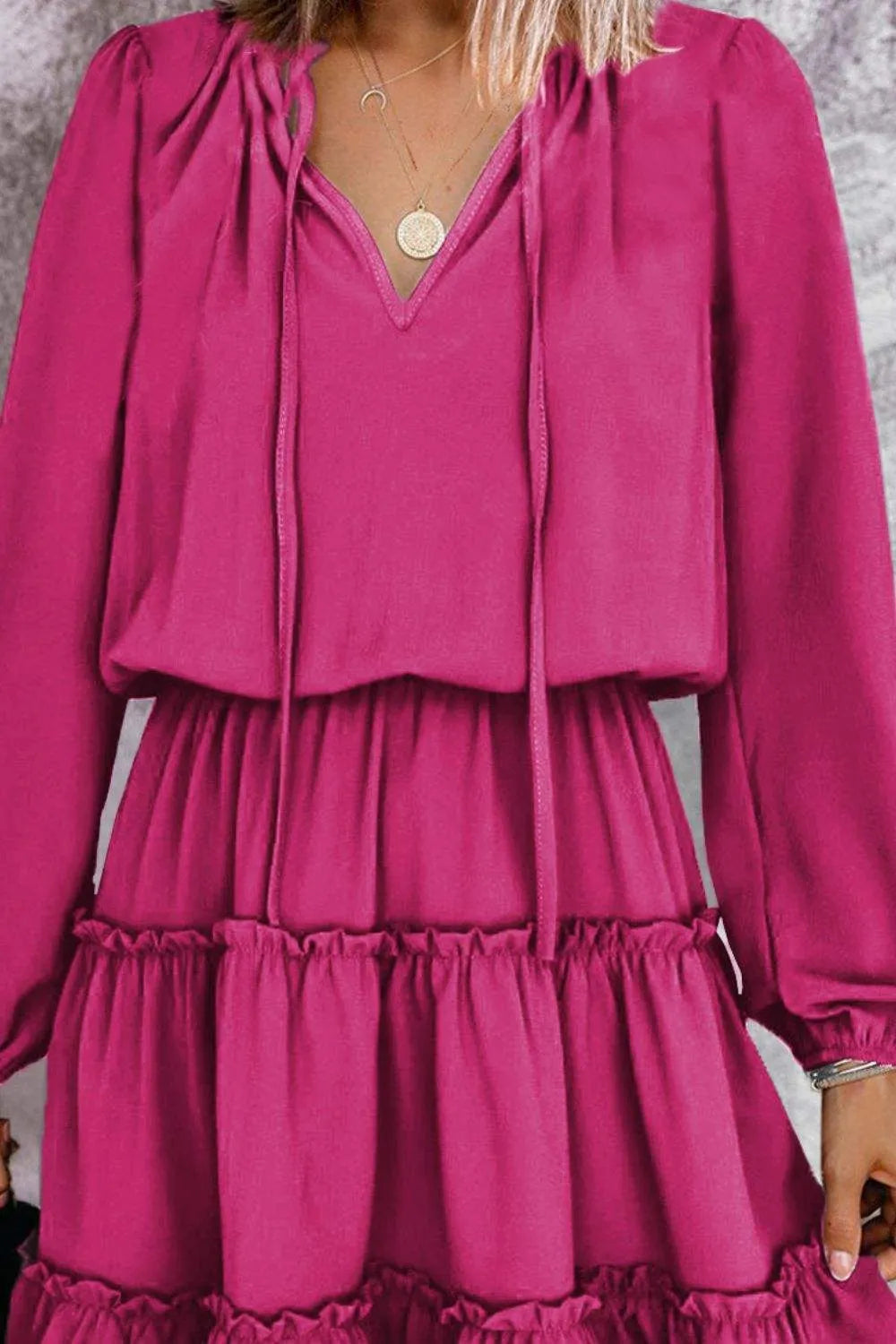 Frill Tie Neck Balloon Sleeve Dress Hot Pink Casual Dresses - Tophatter Daily Deals