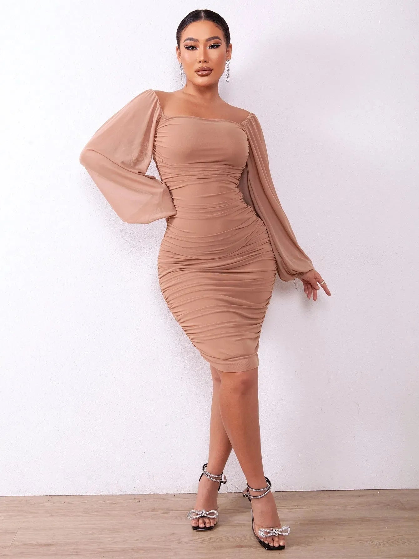 Zip-Back Ruched Bodycon Dress Brown Cocktail Dresses - Tophatter Daily Deals