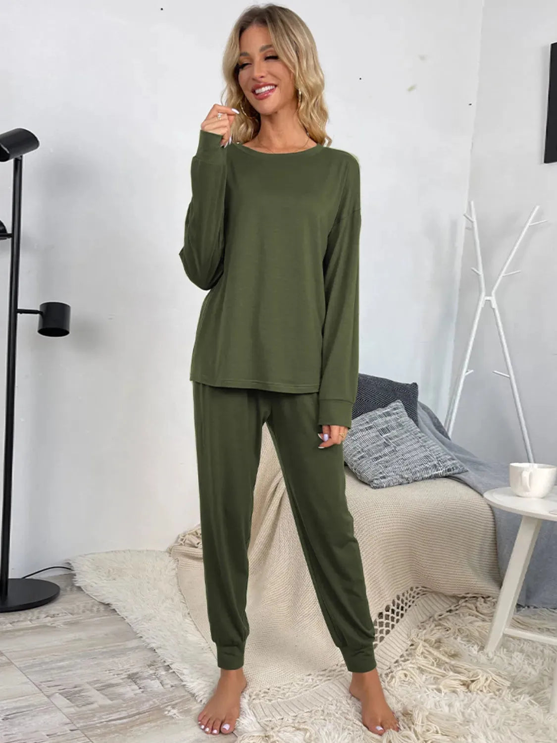 Round Neck Top and Drawstring Pants Lounge Set Loungewear Sets - Tophatter Daily Deals