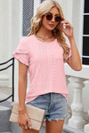 Eyelet Round Neck Petal Sleeve T-Shirt Blush Pink Women's T-Shirts - Tophatter Daily Deals