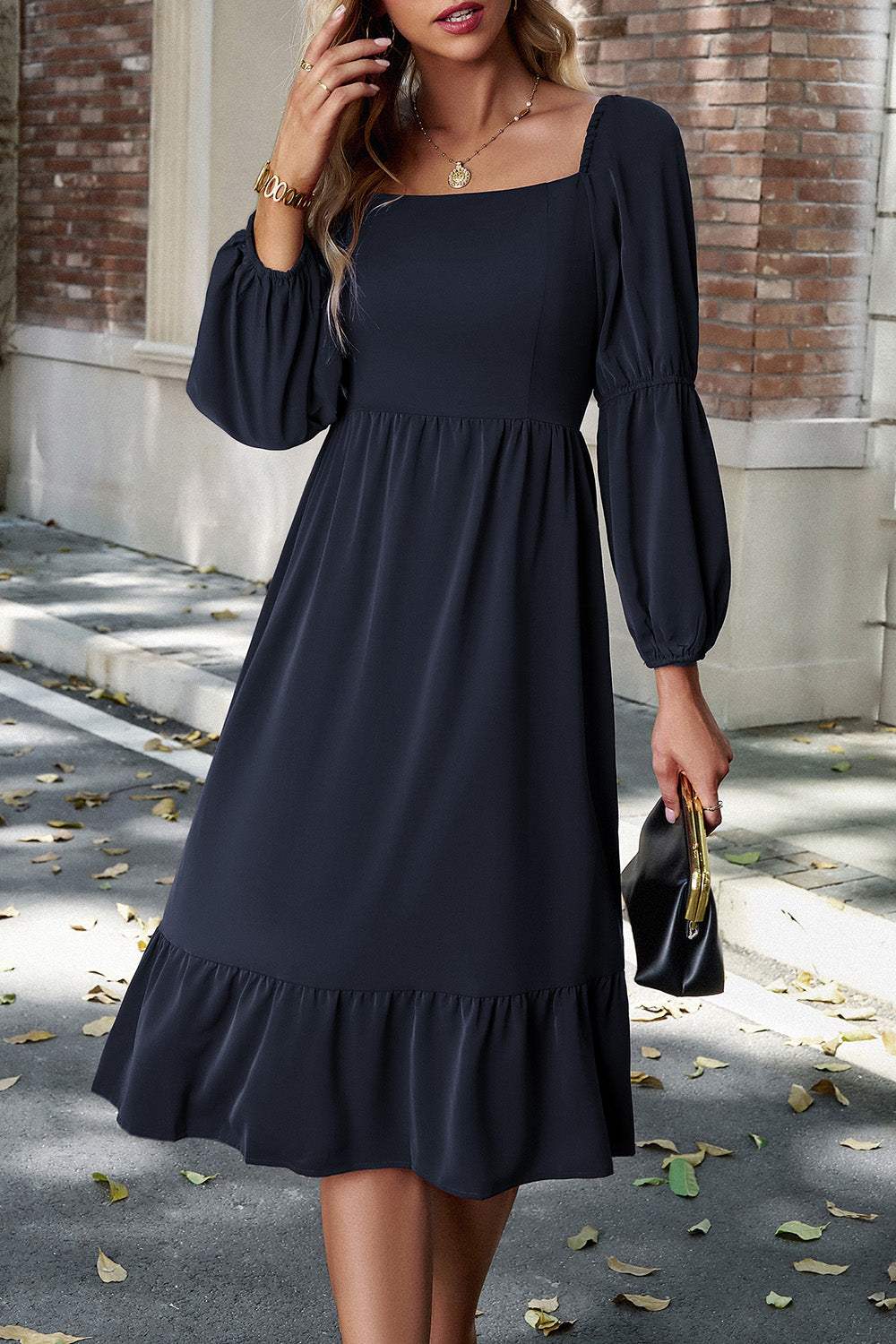 Square Neck Balloon Sleeve Midi Dress Casual Dresses - Tophatter Daily Deals