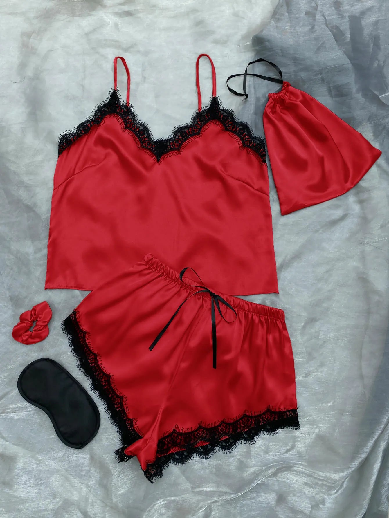 Lace Trim Cami, Shorts, Eye Mask, Scrunchie, and Bag Pajama Set Red Loungewear Sets - Tophatter Daily Deals