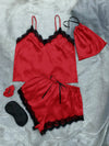 Lace Trim Cami, Shorts, Eye Mask, Scrunchie, and Bag Pajama Set Red Loungewear Sets - Tophatter Daily Deals