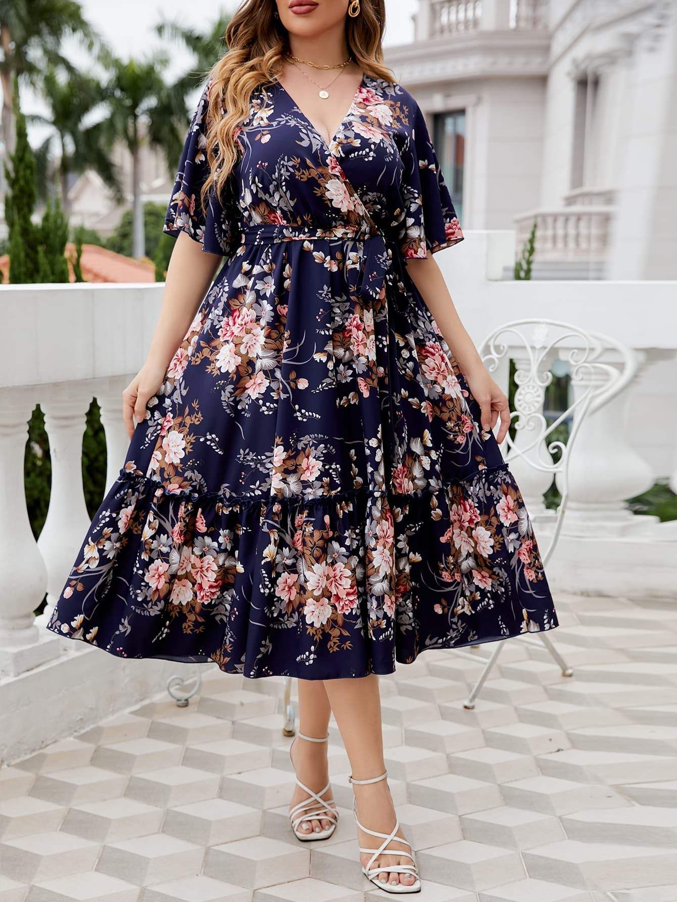 Plus Size Floral Surplice Neck Midi Dress Casual Dresses - Tophatter Daily Deals