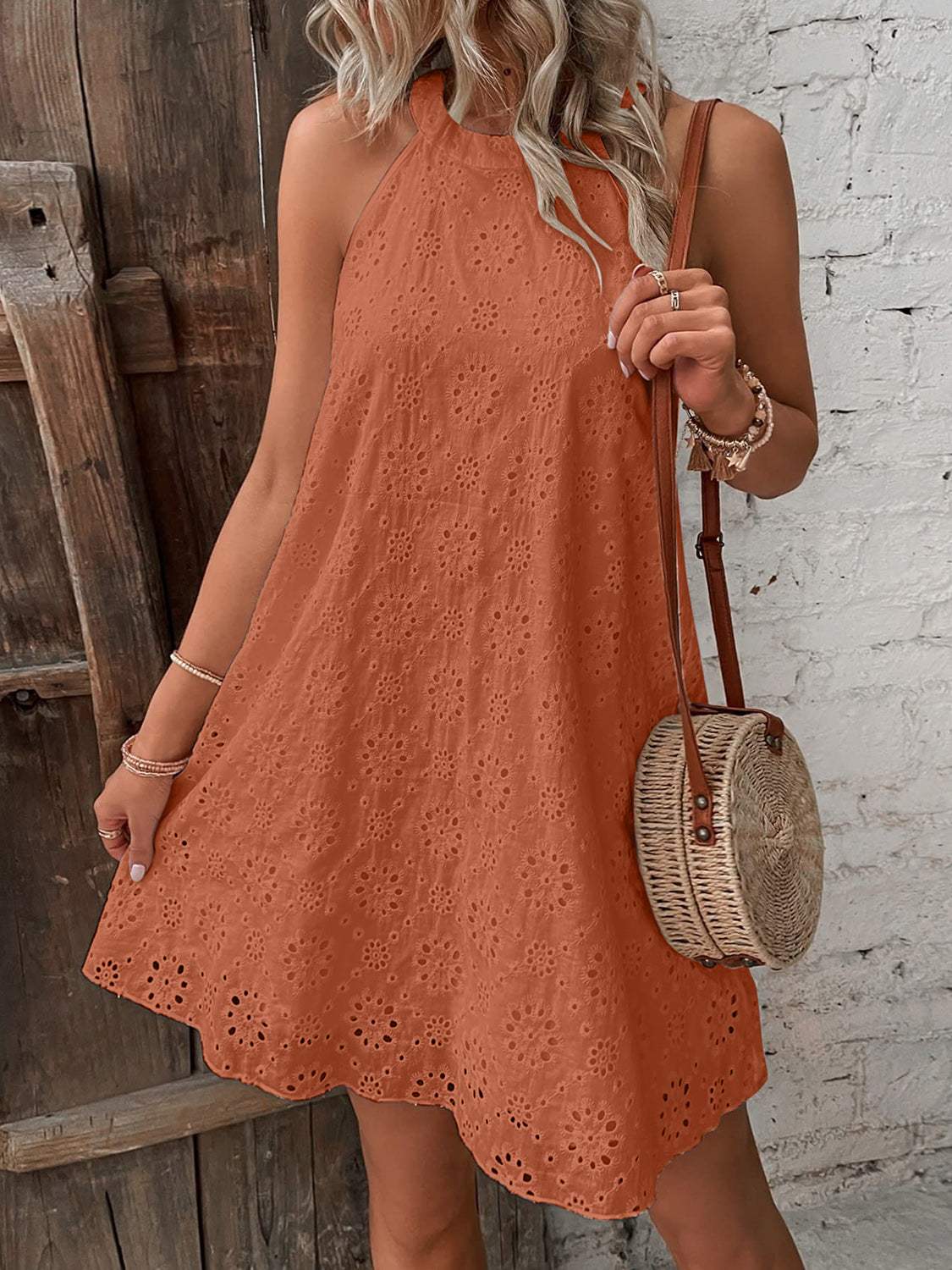 Eyelet Grecian Neck Mini Dress Terracotta Casual Dresses - Tophatter Daily Deals