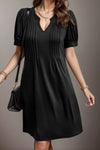 Pin-Tuck Notched Short Sleeve Dress Black Casual Dresses - Tophatter Daily Deals