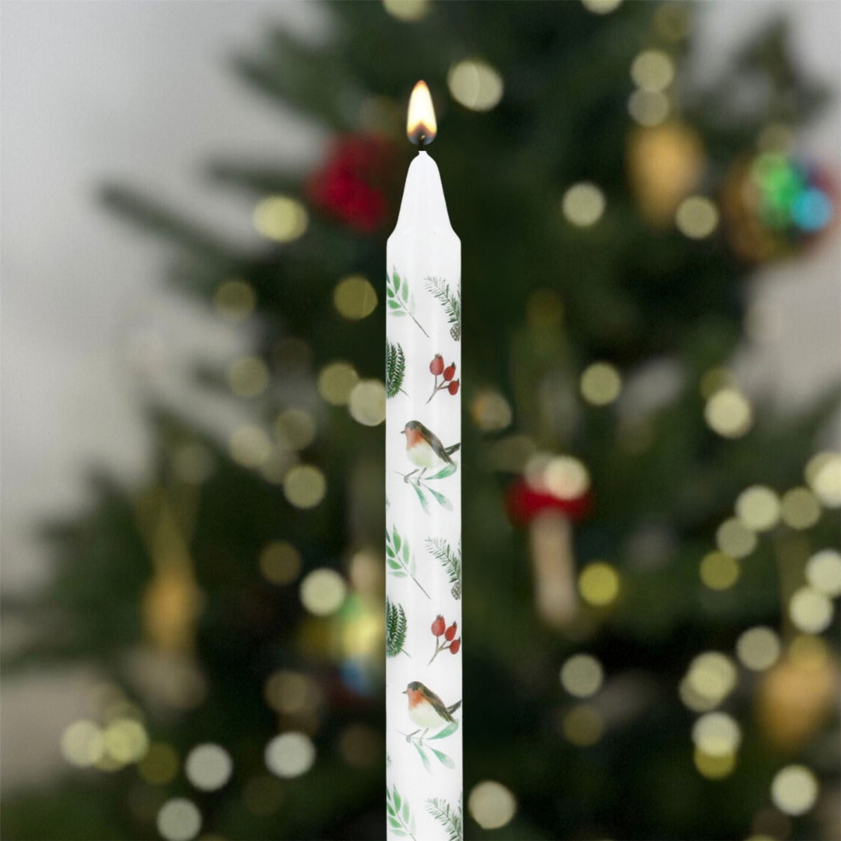 Robins & Rosehips Dinner Candle | Tall Unscented Taper Christmas Candle - 23cm Candle - Tophatter Daily Deals