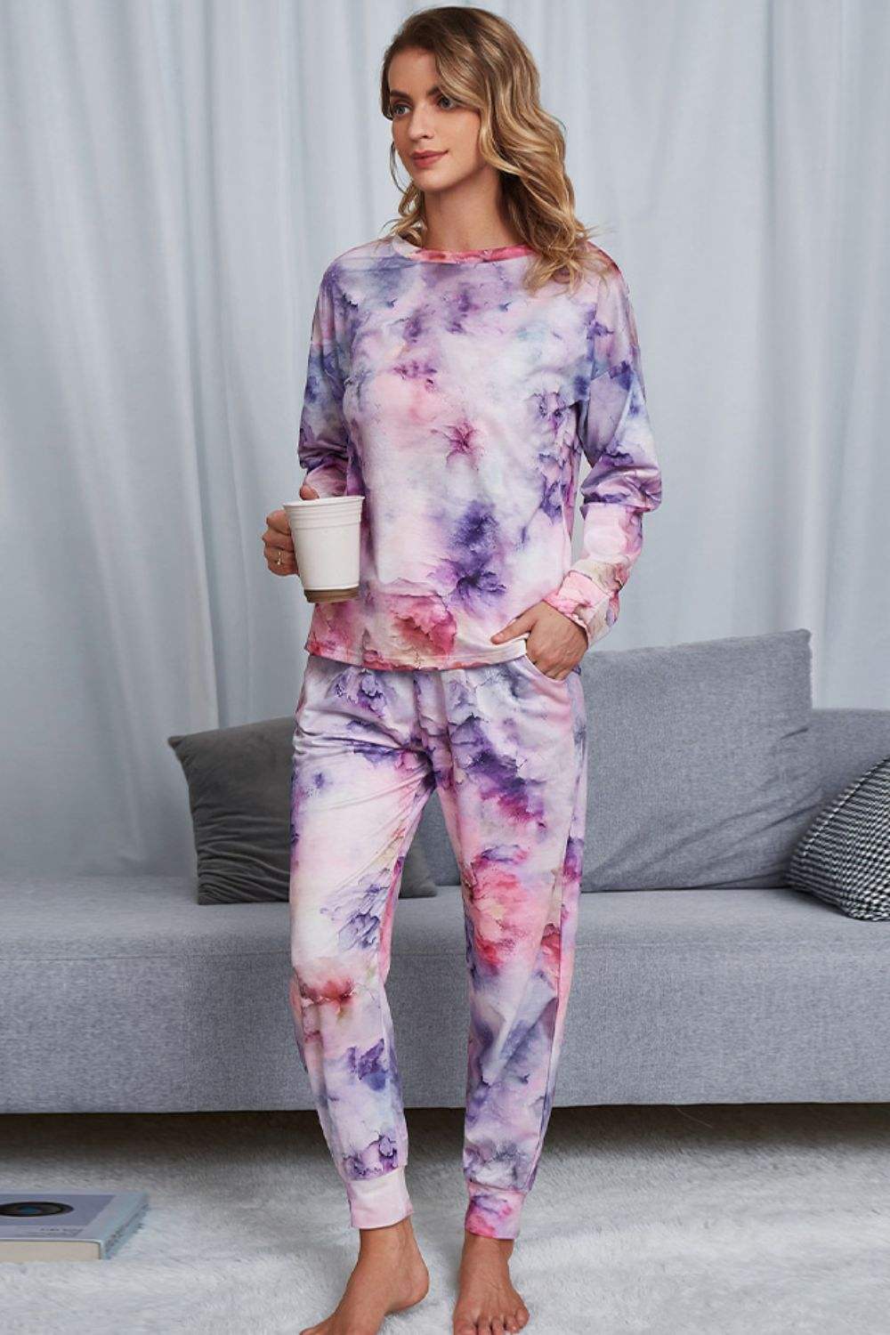 Tie-Dye Crewneck Top and Drawstring Waist Joggers Lounge Set Loungewear Sets - Tophatter Daily Deals