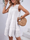 Eyelet Tie Neck Sleeveless Mini Dress White Casual Dresses - Tophatter Daily Deals