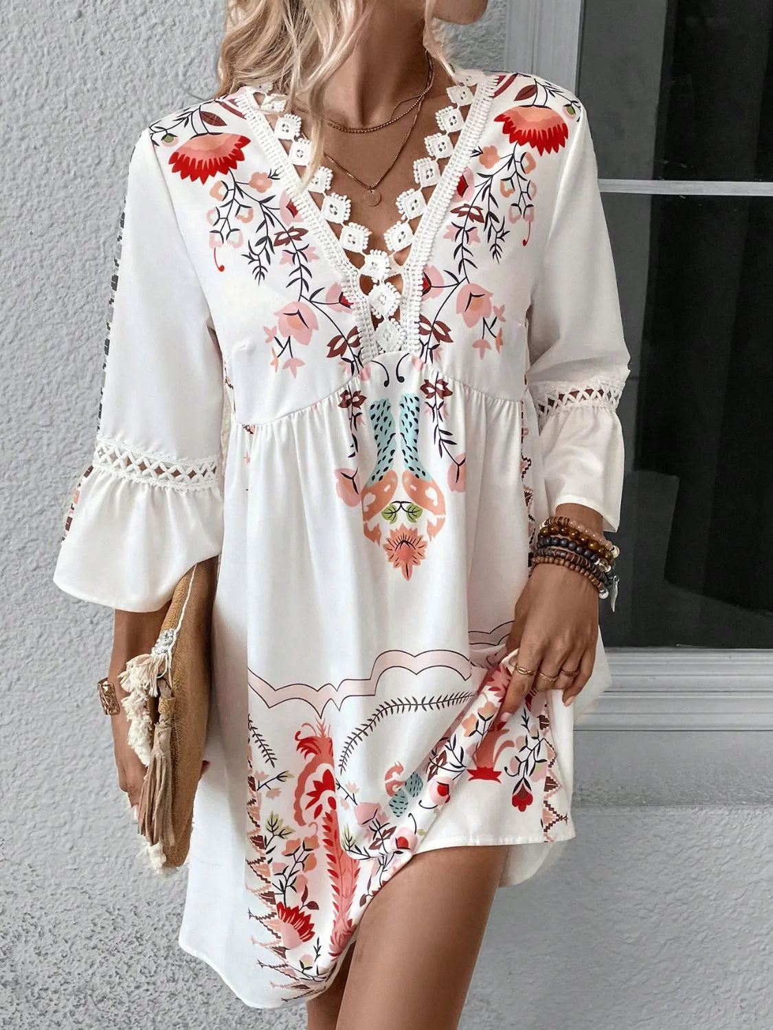 Lace Detail Printed Three-Quarter Sleeve Dress Deep Red Casual Dresses - Tophatter Daily Deals