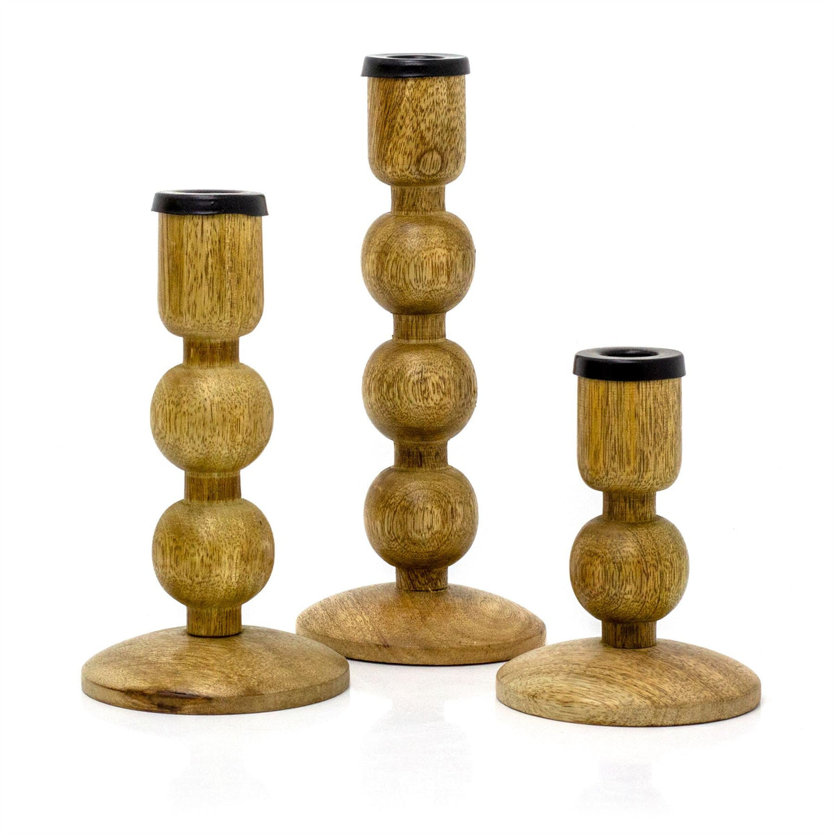 Set Of 3 Mango Wood Candlesticks | 3 Piece Rustic Dinner Candle Stick Holders Candlestick - Tophatter Daily Deals