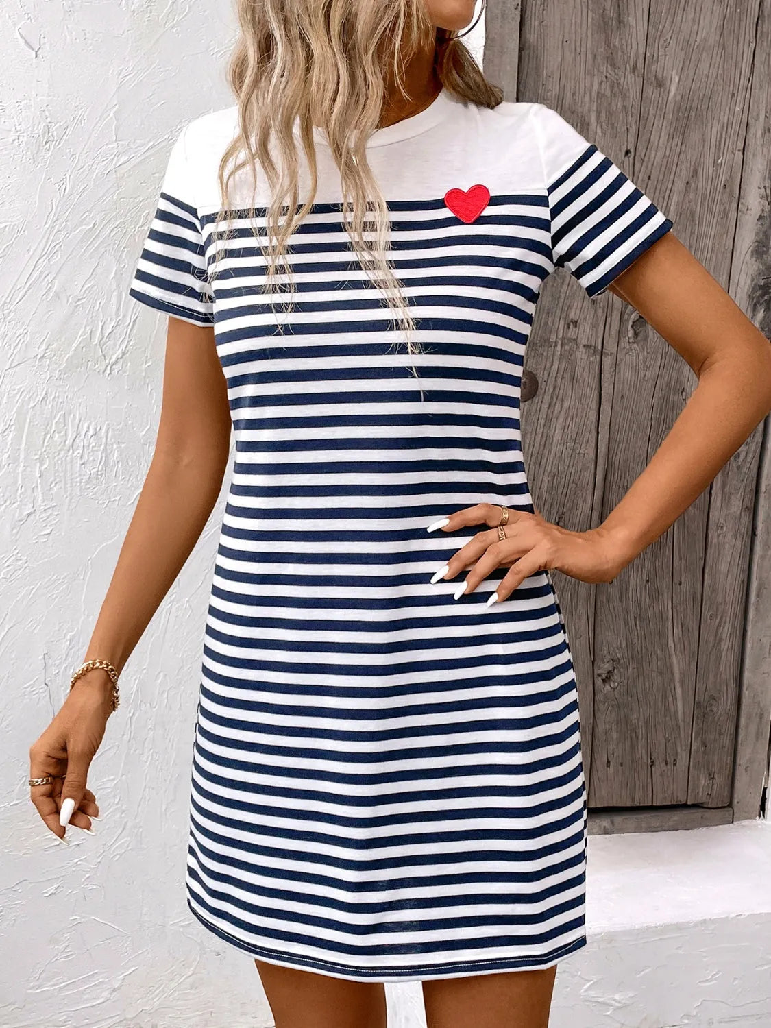 Striped Round Neck Short Sleeve Mini Dress Navy Casual Dresses - Tophatter Daily Deals