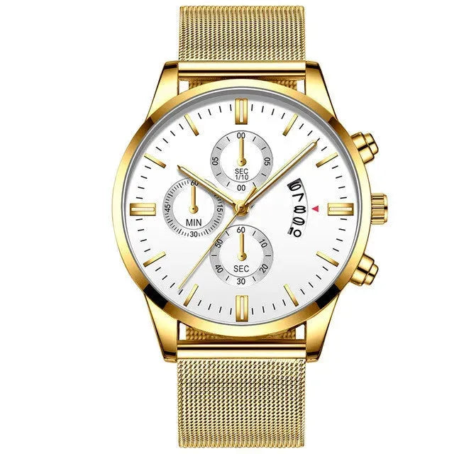 Mens Business Luxury Watches For Men Mesh Band Quartz Watch Gold White Watches - Tophatter Daily Deals