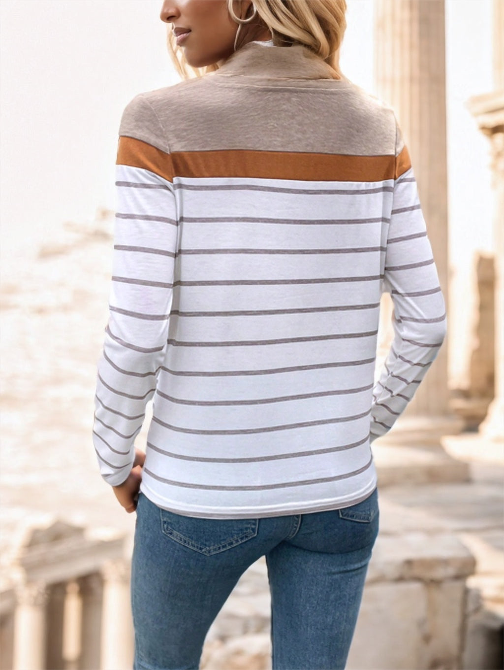 Lightweight Women's Long Sleeve T-Shirt - Striped Yoke Cotton 3D Changing Face Moving Picture Frame - Tophatter Daily Deals