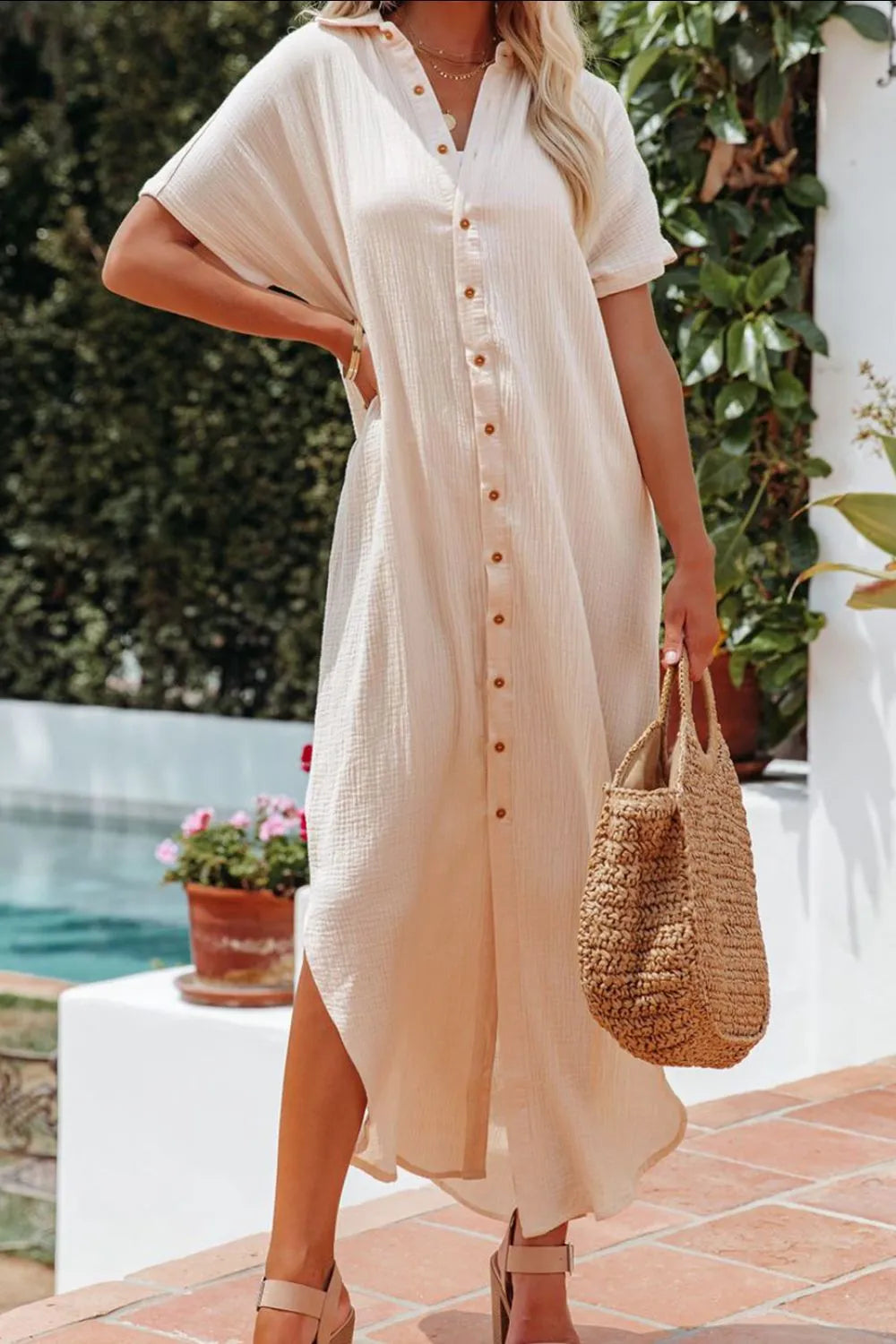 Slit Button Up Shirt Dress Casual Dresses - Tophatter Daily Deals