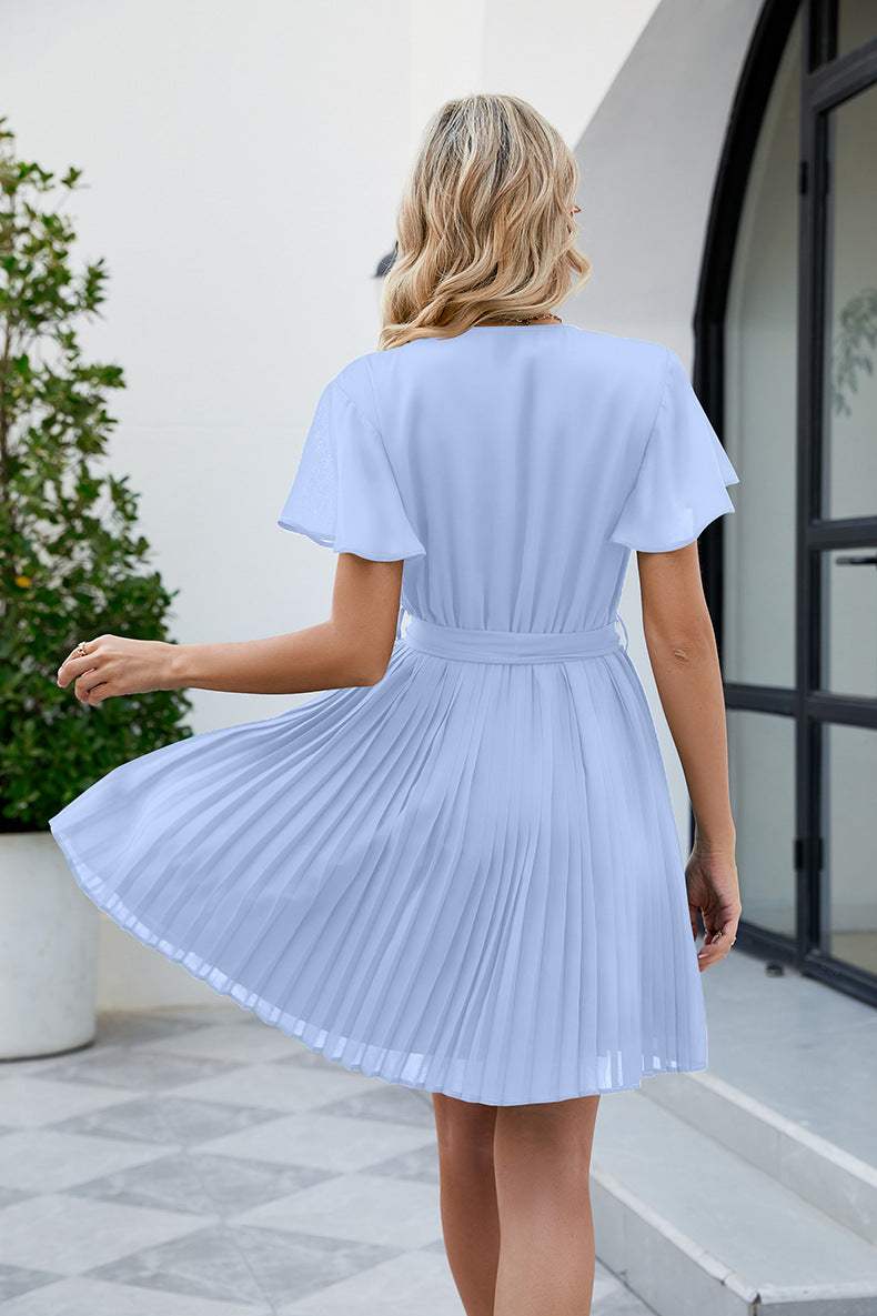 Surplice Neck Tie Waist Flutter Sleeve Pleated Dress Casual Dresses - Tophatter Daily Deals