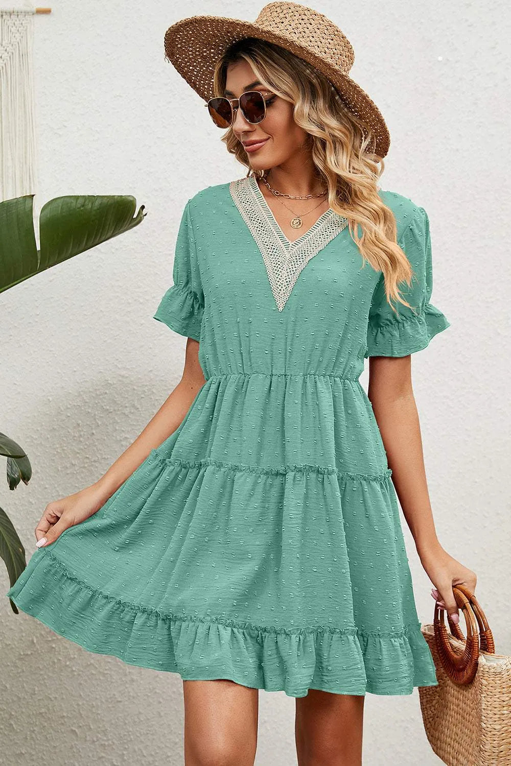 Swiss Dot V-Neck Flounce Sleeve Mini Dress Casual Dresses - Tophatter Daily Deals