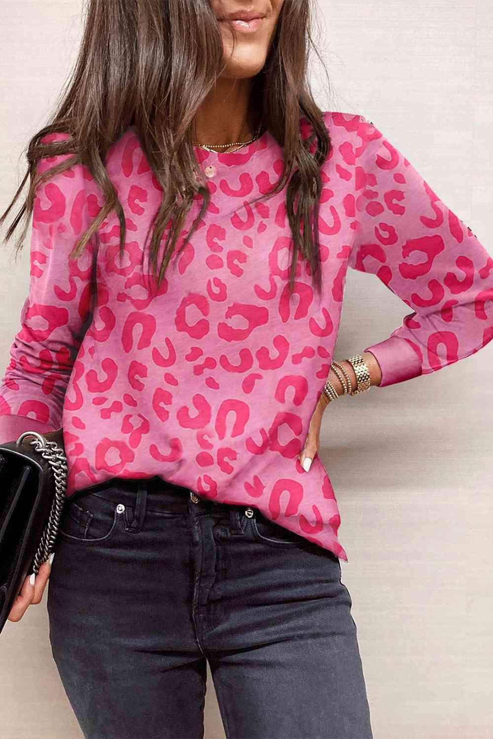 Full Size Printed Round Neck Long Sleeve T-Shirt Hot Pink Women's T-Shirts - Tophatter Daily Deals