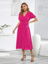 Pleated Surplice Tie Waist Midi Dress Casual Dresses - Tophatter Daily Deals