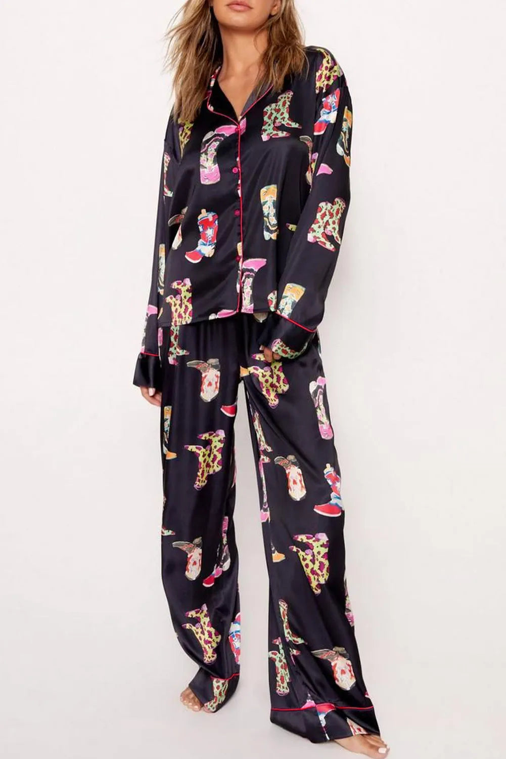Black Western Cowgirl Boots Printed Satin Long Pajama Set Black 97%Polyester+3%Elastane Loungewear & Sleepwear/Sleepwear - Tophatter Daily Deals
