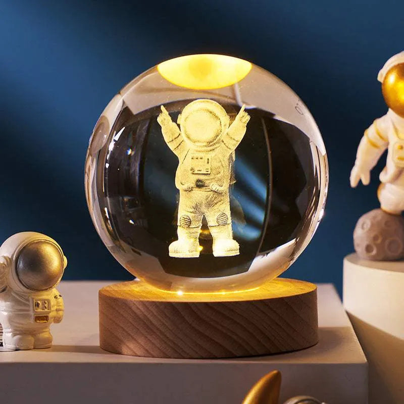 Luminous Starry Sky And Planets Moon Moon Crystal Ball Small Night Lamp Projection Ambience Light Creative Gift New Strange Gift Solid Wood Lamp Holder Single Astronaut 6CM Lamps - Tophatter Daily Deals
